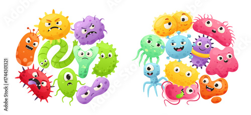Cute cartoon microbes. Probiotics and pathogenic bacteria monster colorful characters. Germ and virus, allergen infection, microbe. Microbiology vector isolated set