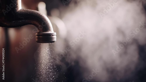 A faucet is spraying water and steam. The steam is coming out of the faucet and filling the room