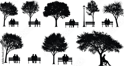 Silhouette illustration of people sitting on park benches under trees, relaxing outdoors, nature scenery vector design for peaceful lifestyle concept