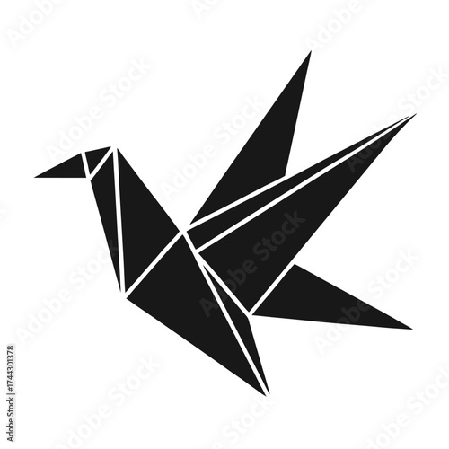 Origami paper crane black and white vector on white background.