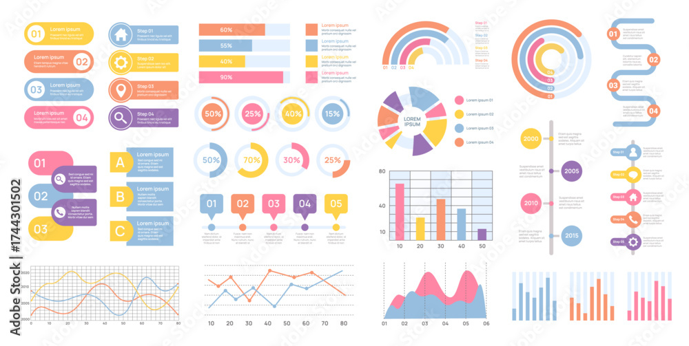 Fototapeta premium Infographics set. Chart and graph presentation element, flat business diagram. Modern report data graphic, financial flowchart. Process workflow bar vector template