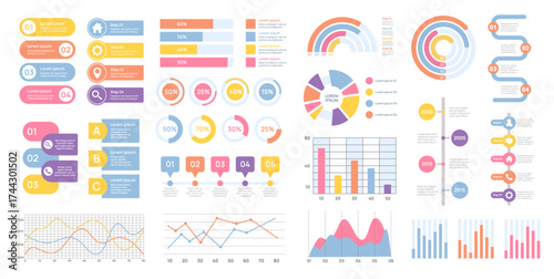 Infographics set. Chart and graph presentation element, flat business diagram. Modern report data graphic, financial flowchart. Process workflow bar vector template
