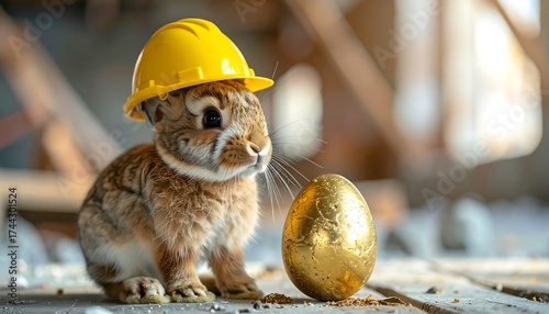 A small brown rabbit wearing a yellow hard hat sits on a construction site-like floor, next to a golden Easter egg