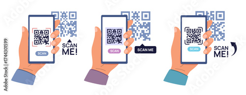 Scan qr code with smartphone. Hand holding mobile phone with QR scanner. Digital business technology, internet payment, customer service concept. Vector isolated set