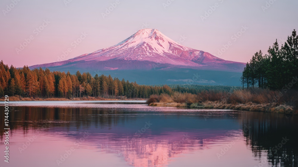 Obraz premium Majestic snow-capped mountain peak rises above a tranquil lake, reflecting the sky's pastel hues in the calm water, with lush evergreen and deciduous trees framing the serene landscape during the...