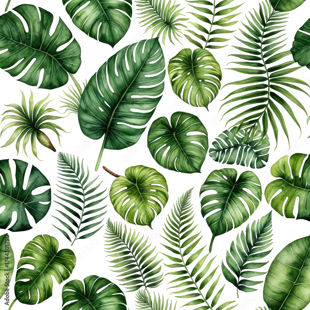 Naklejka premium Lush tropical leaves seamless pattern, green foliage on black background