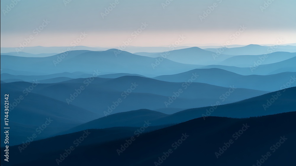Fototapeta premium Layers of blue mountains in the distance at sunrise in the wilderness