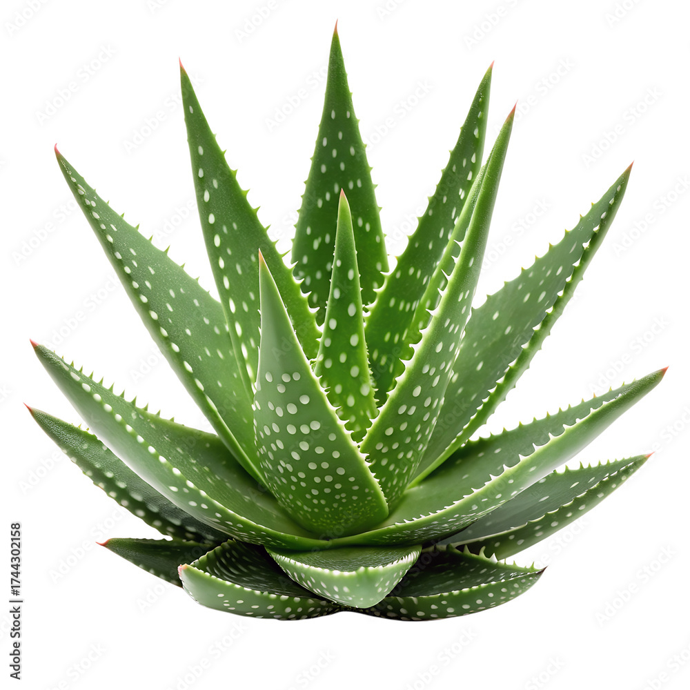 Fototapeta premium A vibrant green aloe vera plant with pointed leaves and white speckles isolated on transparent background