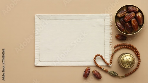 A flat lay of Ramadan essentials including a bowl of dates, prayer beads, and a prayer mat on a neutral background.