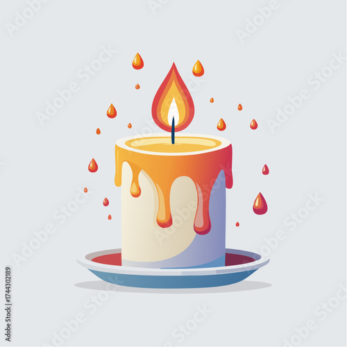 A stylized illustration of a lit candle with melting wax and surrounding droplets, on a simple plate.