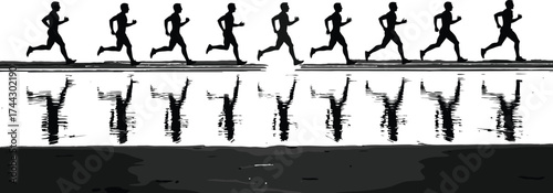 Silhouette vector illustration of a running man sequence with water reflection showing athletic motion, fitness training, jogging, sport, and exercise concept