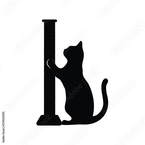 Silhouette of a playful cat reaching for a scratching post toy