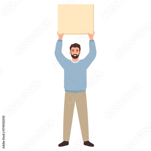 Man holding blank sign illustration. Guy protesting with empty banner. Activist male character with poster.