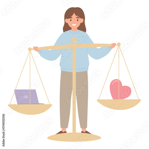 Work life balance concept illustration. Woman holding scales with heart and laptop. Career or love choice.