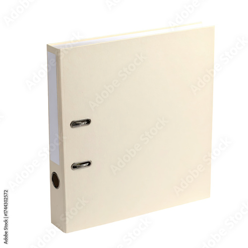 A closed, cream-colored binder, standing upright against a black background, clipped