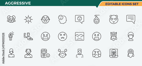 Aggressive icon set. Pictograms of offensive, attack, anger, angry, reaction and more. Angry line icon set. Icons for website. Editable stroke. Vector collection.