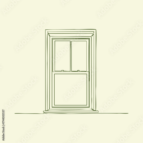Minimalist single-pane window with detailed wooden frame set against a light-colored wall