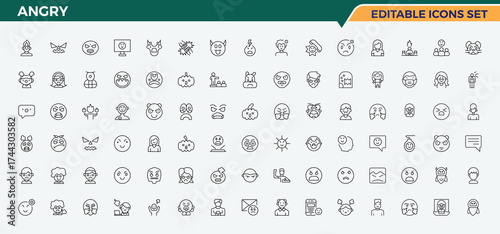 Angry modern icon set. Minimalist icons pack. Vector illustration. Offensive line icon set. Included aggression, aggressive, offensive, anger, reaction and more.