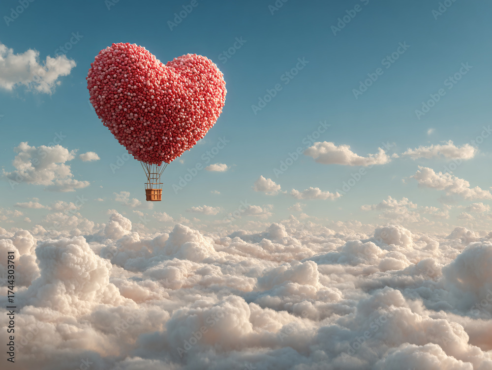 Fototapeta premium a heart-shaped hot air balloon floating above the clouds in a serene, blue sky.