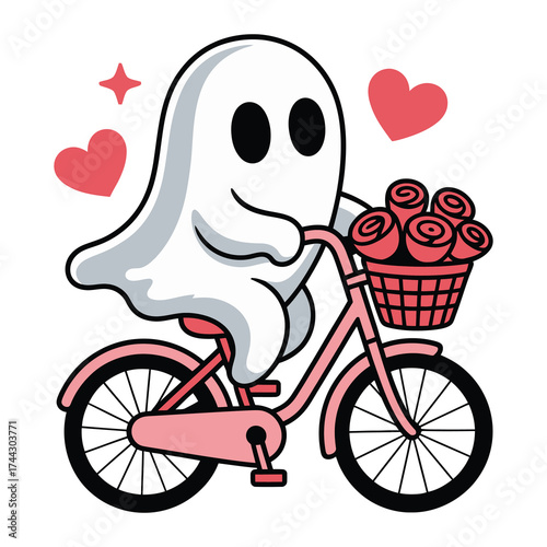 Cute Ghost Bicycle Vector Illustration, Ghost Riding Bicycle vector T-shirt Design