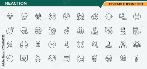 Reaction icon set. Pictograms of attack, anger, angry, offensive, aggressive and more. Angry icon set in linear style. Vector icons collection. Pixel perfect. Vector illustration.