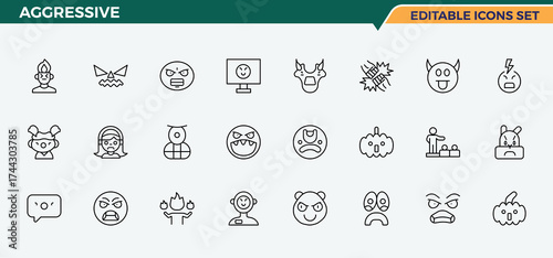 Aggressive icon set. Pictograms of offensive, attack, anger, angry, reaction and more. Angry line icon set. Icons for website. Editable stroke. Vector collection.