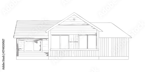 Simple black and white illustration of a small house with a porch and gable roof
