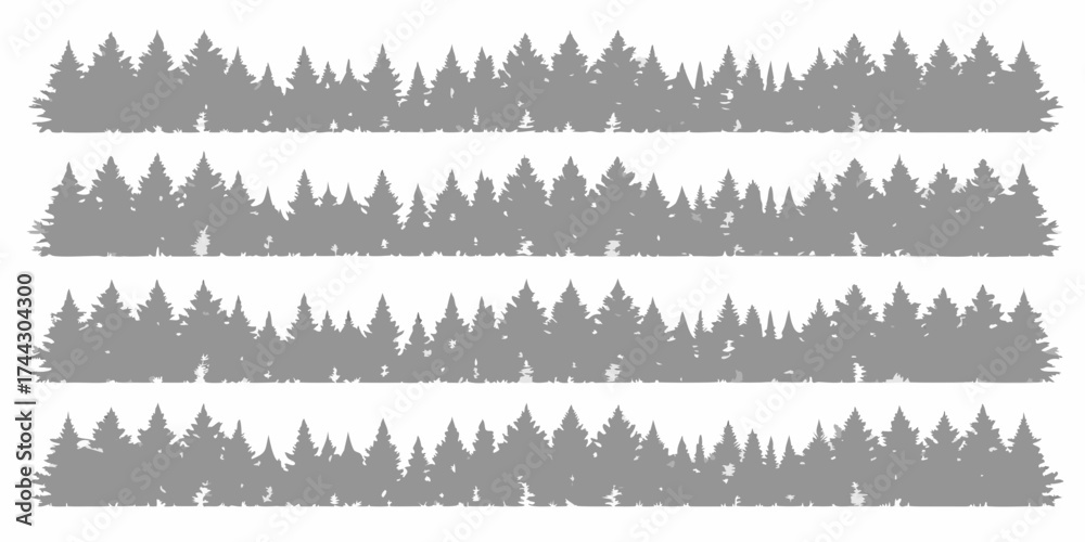 Obraz premium Four horizontal rows of grey evergreen tree silhouettes creating a forest border design