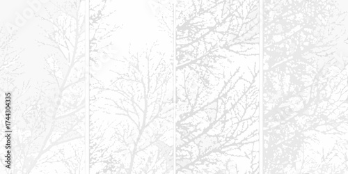 Abstract monochrome pattern of bare tree branches against a white background with varying density and detail