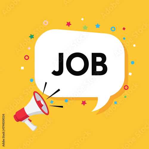 Megaphone announces job opportunity with 'job' speech bubble on yellow background vector