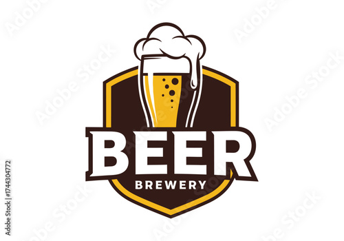 Craft beer brewery emblem logo design with pint glass and foam vector
