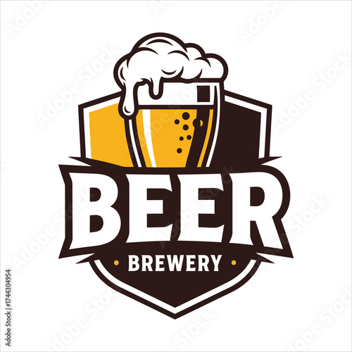 Classic beer brewery emblem with frothy glass and bold typography for beverage branding vector