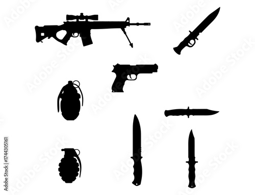Essential vector collection presenting diverse weapon silhouettes, featuring firearms, knives, and explosives for various graphic design projects