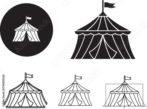 Simple black and white circus tent illustrations on transparent background silhouette