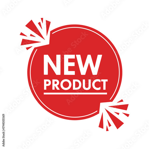 Bright red new product announcement sticker with explosive elements announcing arrival vector