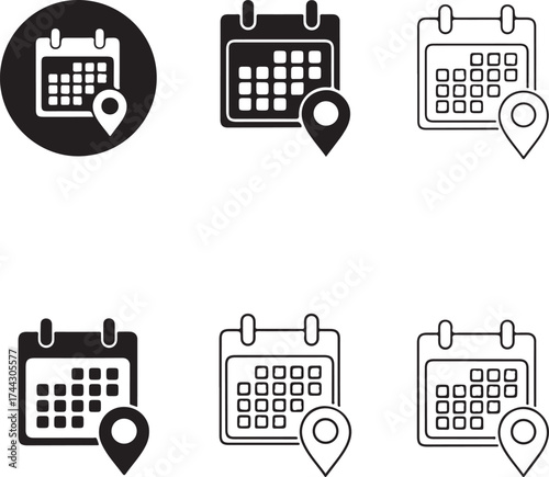 Black calendar icons with location pins ideal for design on transparent background silhouette