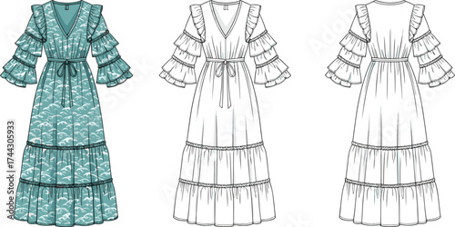 Long tiered ruffle sleeve dress fashion flat sketch, teal wave pattern, technical apparel vector, cad drawing flat vector illustration