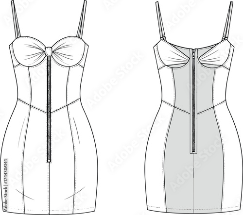 Spaghetti strap dress technical flat sketch, sweetheart neckline with gathered bust, full zipper front and back, fashion vector apparel CAD