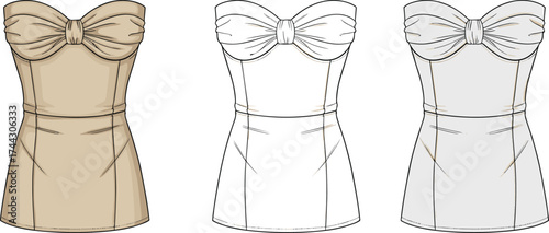 Strapless bow top technical flat sketch, fitted bodice with cinched waist, vertical seam tailoring, fashion vector illustration, apparel garment CAD