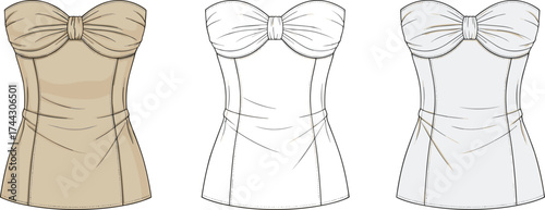 Strapless top technical flat sketch, knotted bow bust detail, fitted silhouette, fashion vector illustration, apparel garment CAD drawing, clothing template