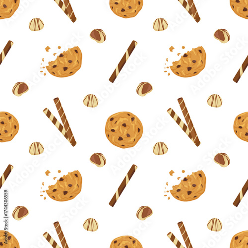 Chocolate chip cookies, wafers, and candies seamless pattern on white background. Vector hand drawn dessert illustration for packaging design, wrapping paper, cafe decoration