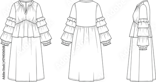 Long ruffle sleeve dress technical flat sketch, V‑neck gathered bust, flowing A‑line silhouette, fashion vector illustration, apparel garment CAD