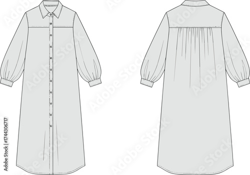 Long sleeve shirt dress technical flat sketch, button‑down front placket, gathered cuff sleeves, pleated back yoke, fashion vector apparel CAD
