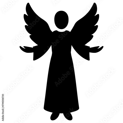 Angel silhouette with raised wings and open hands, frontal figure black on white