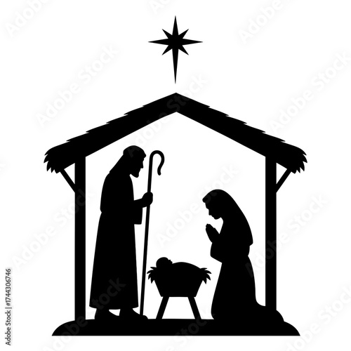 Nativity scene silhouette with Mary Joseph baby in manger, star, black on white