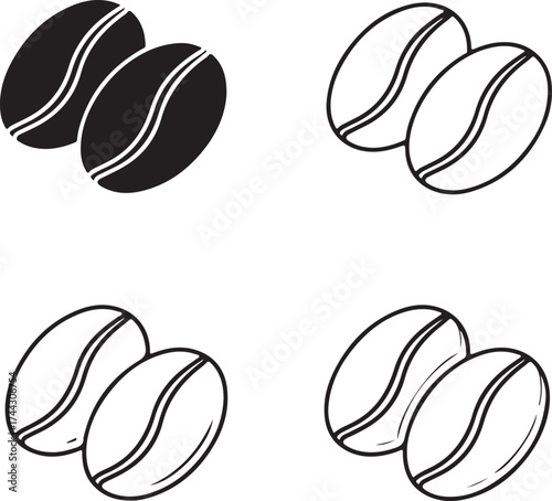 Four coffee beans in simple line art style on transparent background silhouette