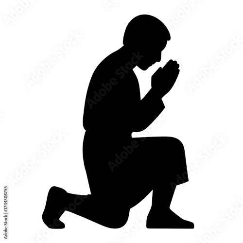 Kneeling man silhouette in prayer, hands clasped, black figure on white