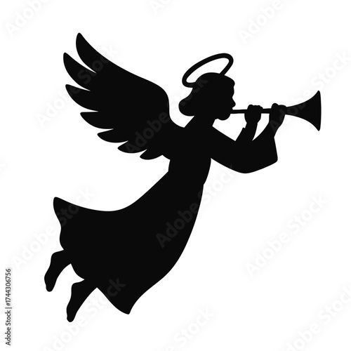 Trumpet-blowing angel silhouette with halo and wings, flying black on white