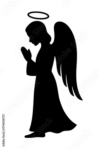 Praying angel silhouette with halo and wings, black figure on white background