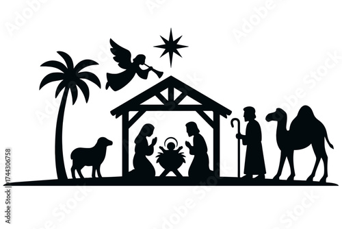Nativity silhouette with manger, Mary and Joseph, angel and star, black on white